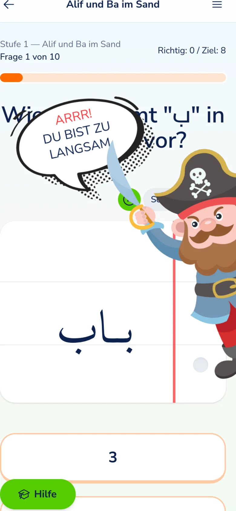Frage in einer Lernstufe mit arabischem Wort
